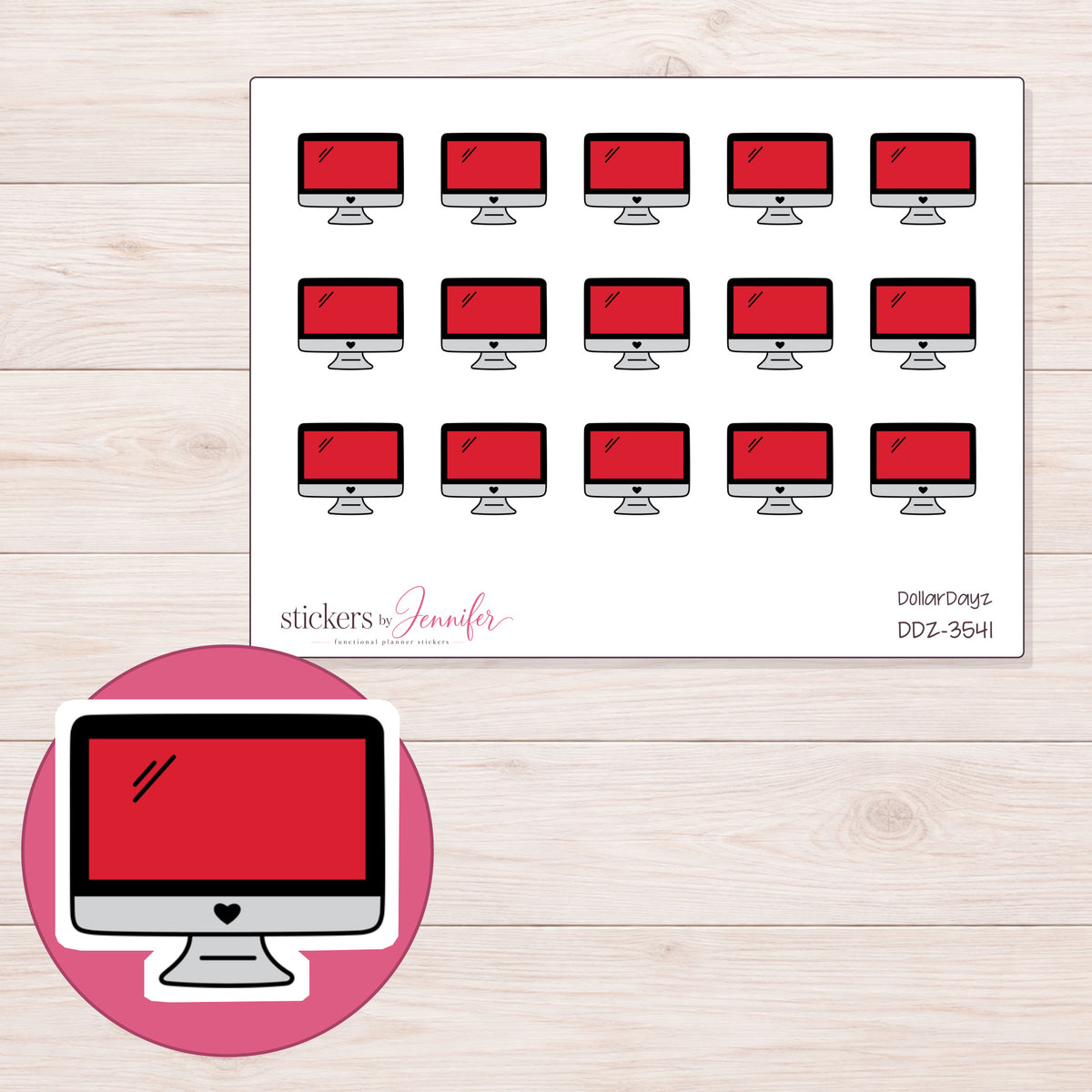 Red Desktop Computer Planner Stickers | DDZ-3541 — 4 × 3 inch sheet and enlarged sticker detail
