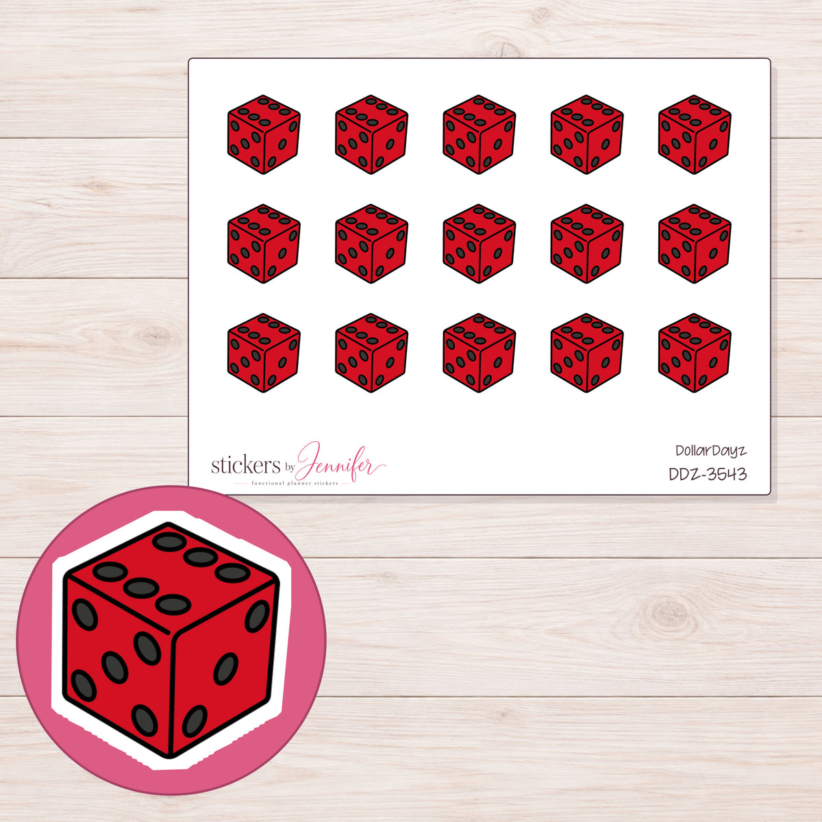 Red Dice Planner Stickers | DDZ-3543 — 4 × 3 inch sheet and enlarged sticker detail