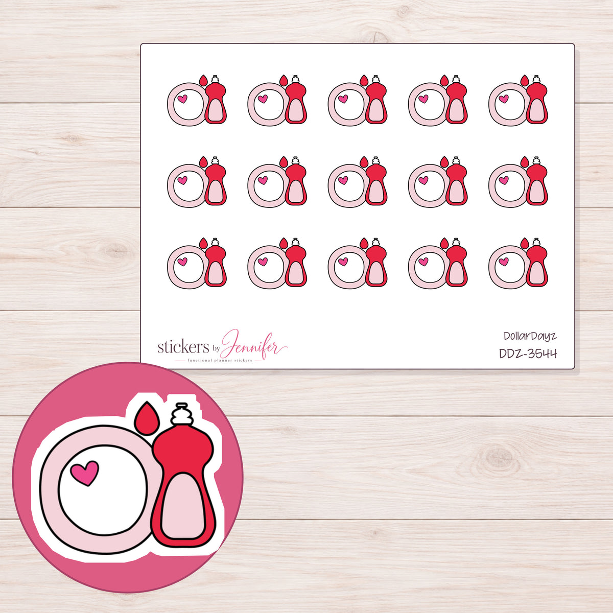 Red Dishwashing Supplies Planner Stickers | DDZ-3544 — 4 × 3 inch sheet and enlarged sticker detail