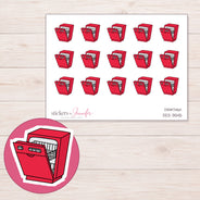 Red Dishwasher Planner Stickers | DDZ-3545 — 4 × 3 inch sheet and enlarged sticker detail