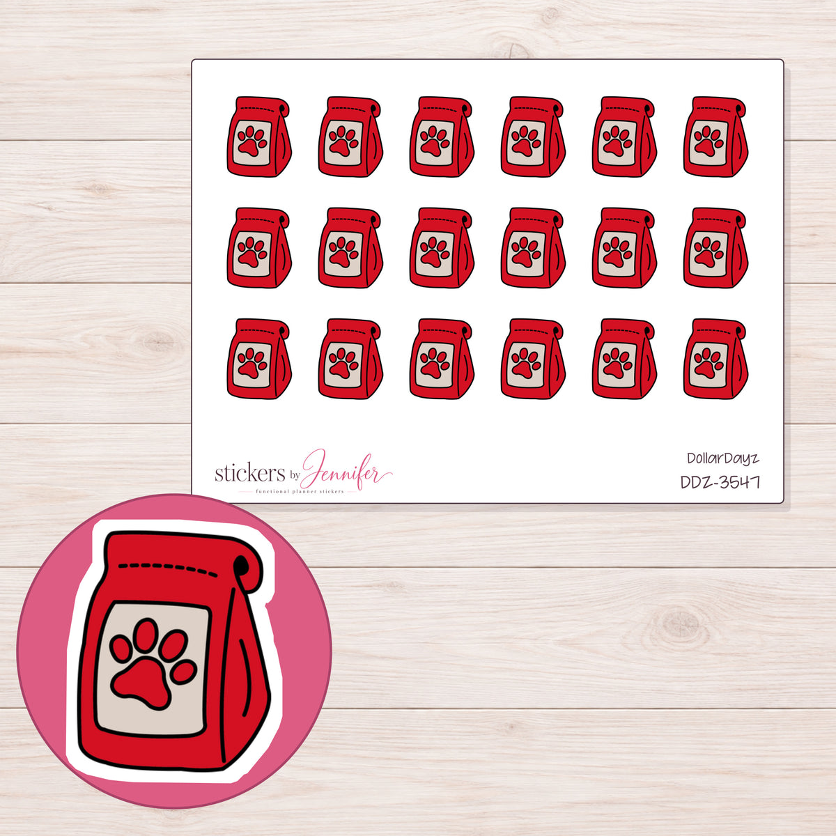 Red Dog Food Bag Planner Stickers | DDZ-3547 — 4 × 3 inch sheet and enlarged sticker detail