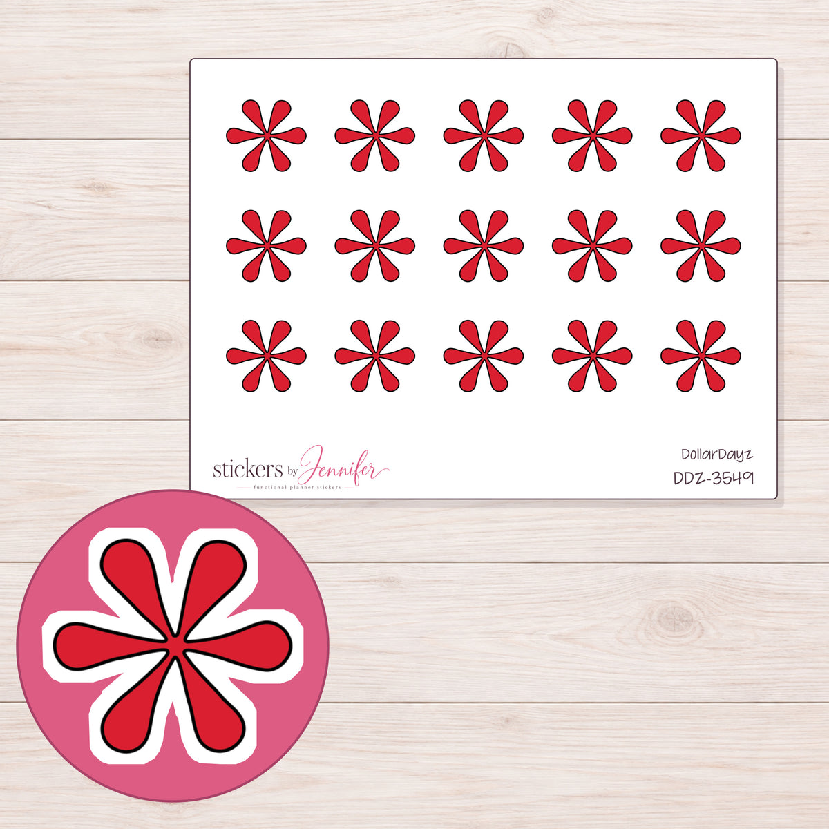 Red Doodle Asterisk Planner Stickers | DDZ-3549 — 4 × 3 inch sheet and enlarged sticker detail