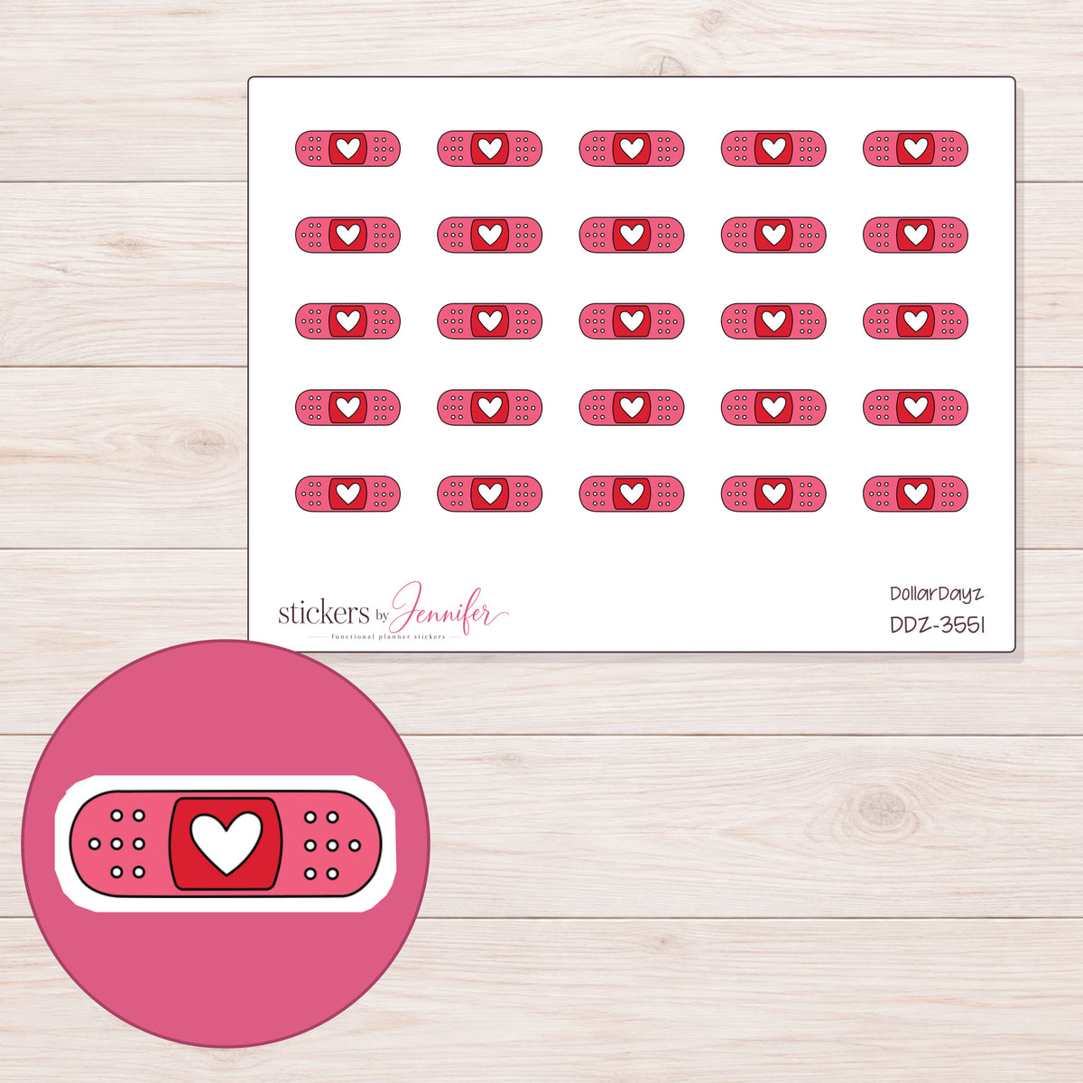 Red Heart Bandage Planner Stickers | DDZ-3551 — 4 × 3 inch sheet and enlarged sticker detail