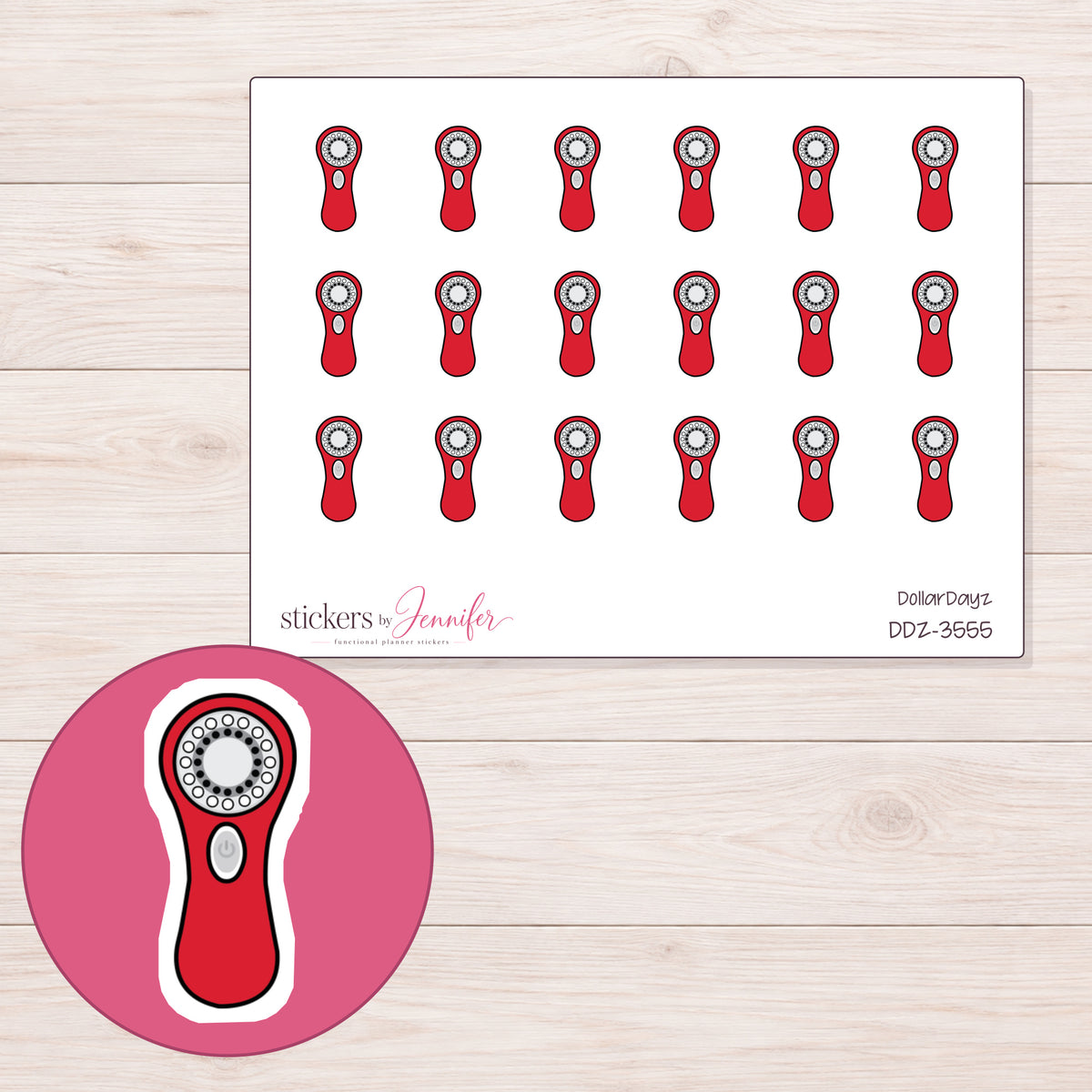 Red Facial Cleansing Brush Planner Stickers | DDZ-3555 — 4 × 3 inch sheet and enlarged sticker detail