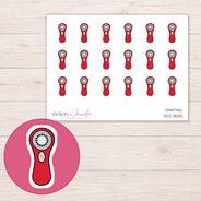 Red Facial Cleansing Brush Planner Stickers | DDZ-3555 — 4 × 3 inch sheet and enlarged sticker detail