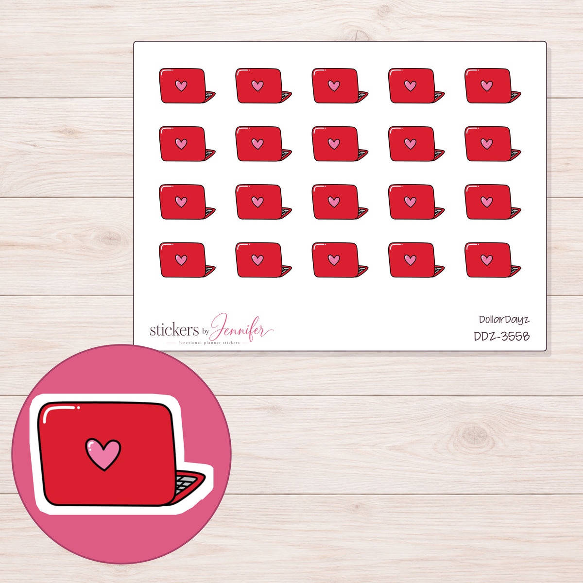 Red Heart Laptop Planner Stickers | DDZ-3558 — 4 × 3 inch sheet and enlarged sticker detail