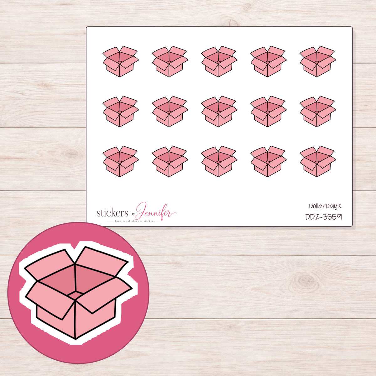 Pink Open Shipping Box Planner Stickers | DDZ-3559 — 4 × 3 inch sheet and enlarged sticker detail