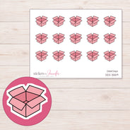 Pink Open Shipping Box Planner Stickers | DDZ-3559 — 4 × 3 inch sheet and enlarged sticker detail