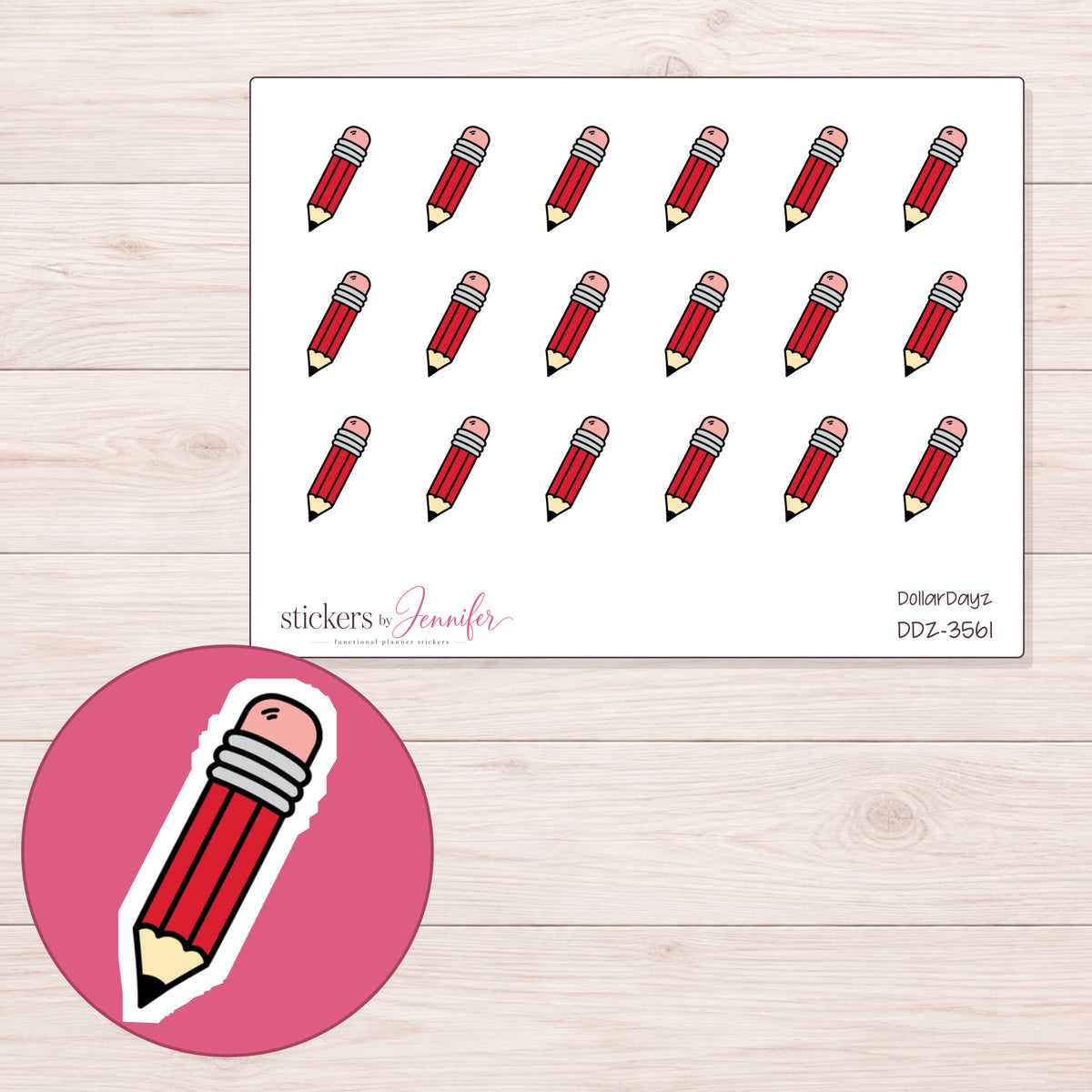 Red Doodle Pencil Planner Stickers | DDZ-3561 — 4 × 3 inch sheet and enlarged sticker detail
