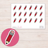 Red Doodle Pencil Planner Stickers | DDZ-3561 — 4 × 3 inch sheet and enlarged sticker detail