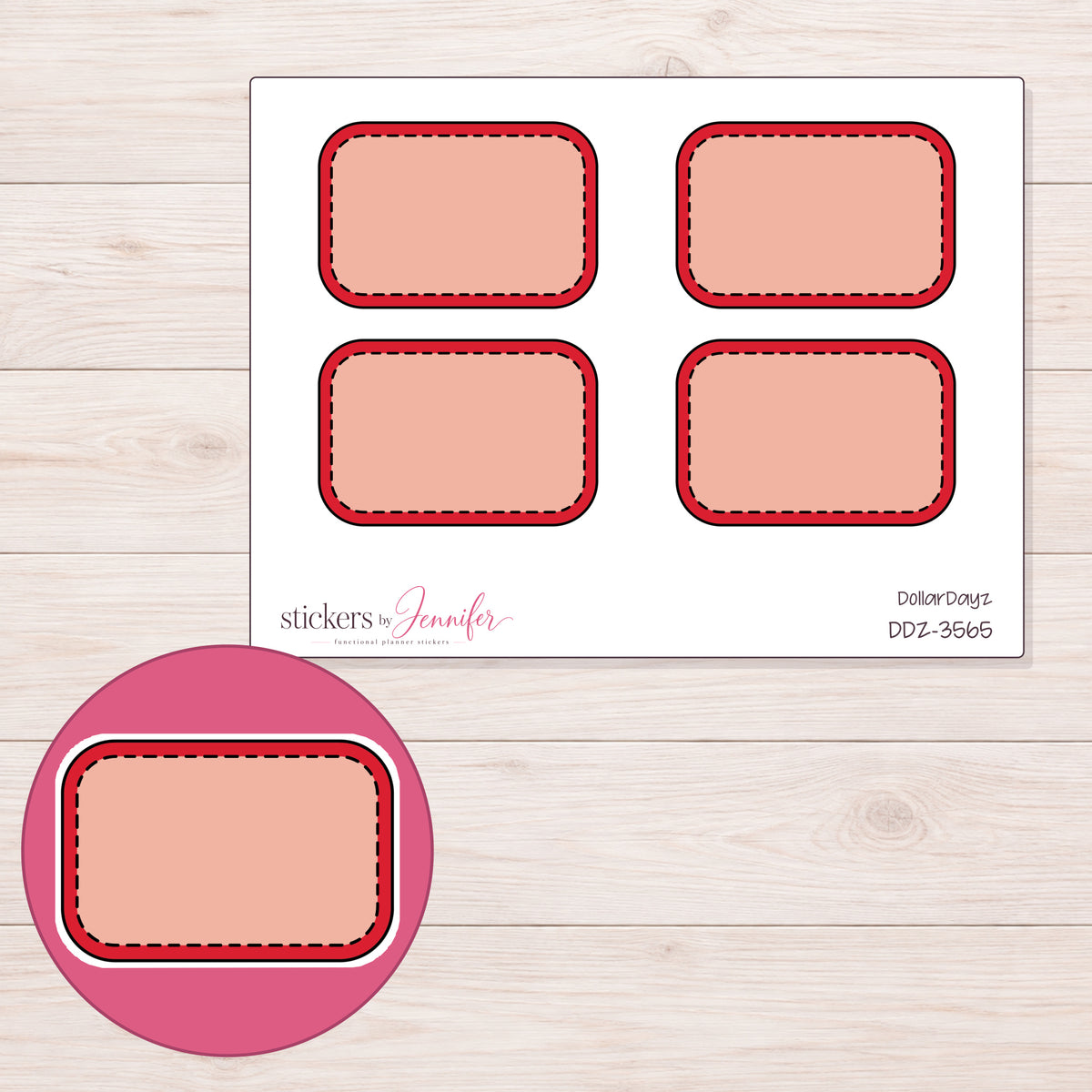 Red Stitched Half Box Label Planner Stickers | DDZ-3565 — 4 × 3 inch sheet and enlarged sticker detail