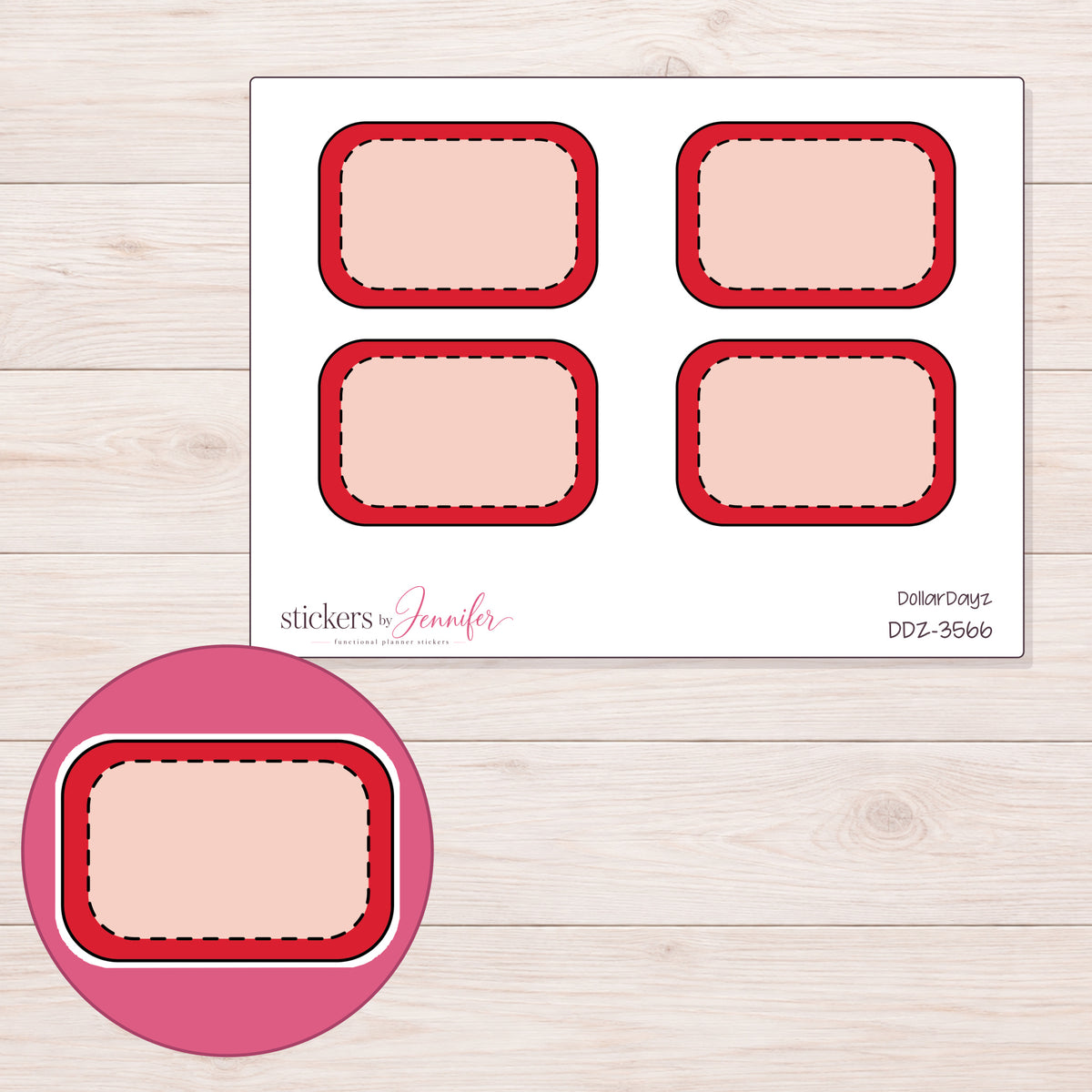 Red Doodle Stitched Half Box Planner Stickers | DDZ-3566 — 4 × 3 inch sheet and enlarged sticker detail