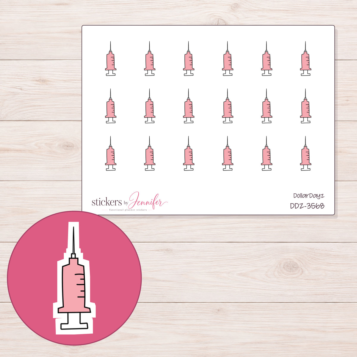 Pink Doodle Syringe Planner Stickers | DDZ-3568 — 4 × 3 inch sheet and enlarged sticker detail