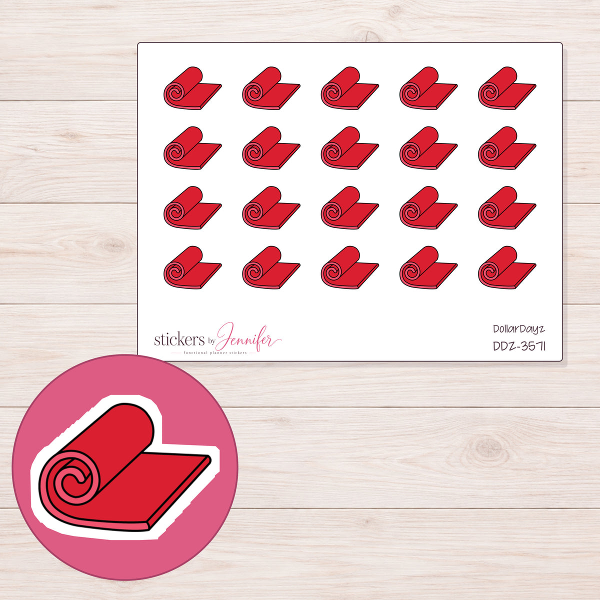 Red Yoga Mat Planner Stickers | DDZ-3571 — 4 × 3 inch sheet and enlarged sticker detail