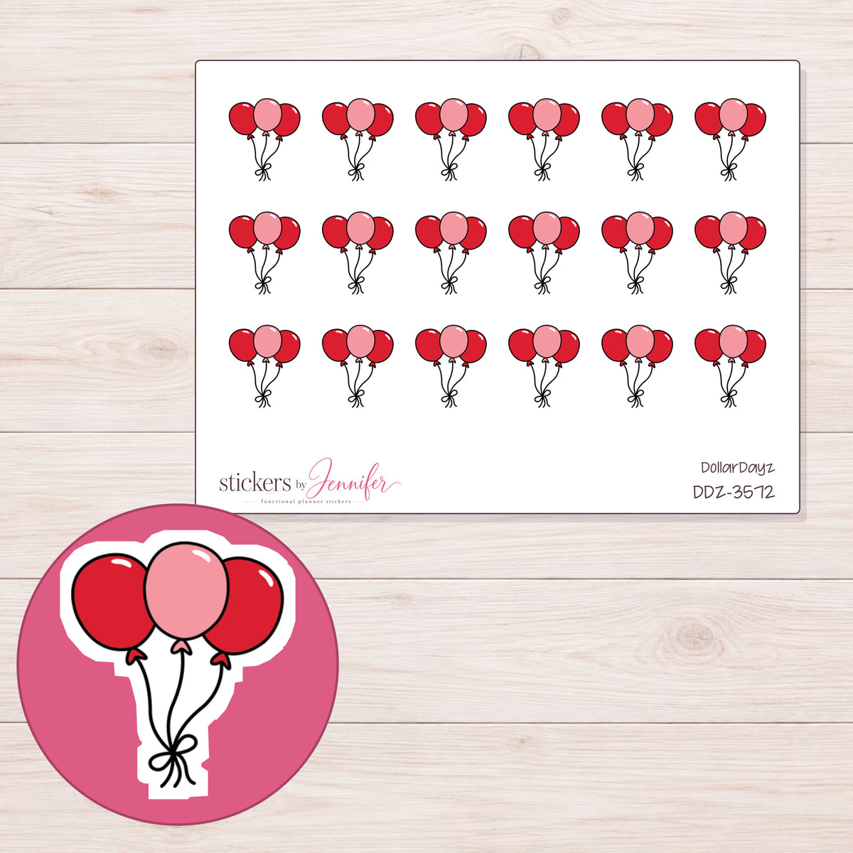 Red and Pink Balloon Bunch Planner Stickers | DDZ-3572 — 4 × 3 inch sheet and enlarged sticker detail