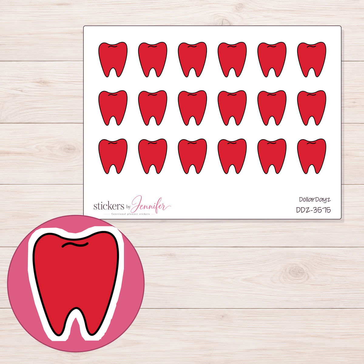 Red Doodle Tooth Planner Stickers | DDZ-3575 — 4 × 3 inch sheet and enlarged sticker detail