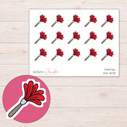 Red Feather Duster Planner Stickers | DDZ-3578 — 4 × 3 inch sheet and enlarged sticker detail