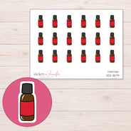 Red Essential Oil Bottle Planner Stickers | DDZ-3579 — 4 × 3 inch sheet and enlarged sticker detail