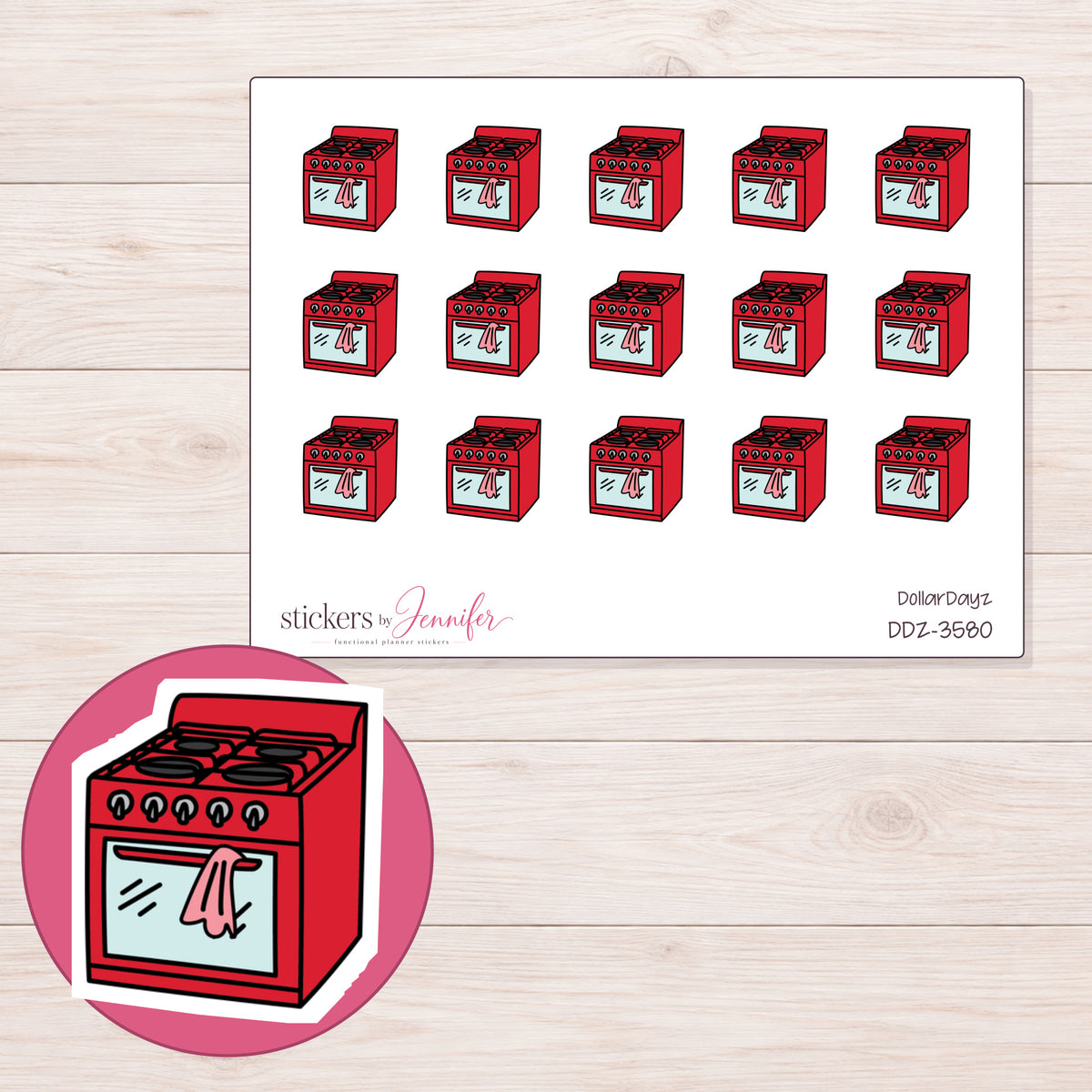 Red Stove and Oven Planner Stickers | DDZ-3580 — 4 × 3 inch sheet and enlarged sticker detail