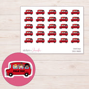 Red Field Trip Lettered Bus Planner Stickers | DDZ-3583 — 4 × 3 inch sheet and enlarged sticker detail