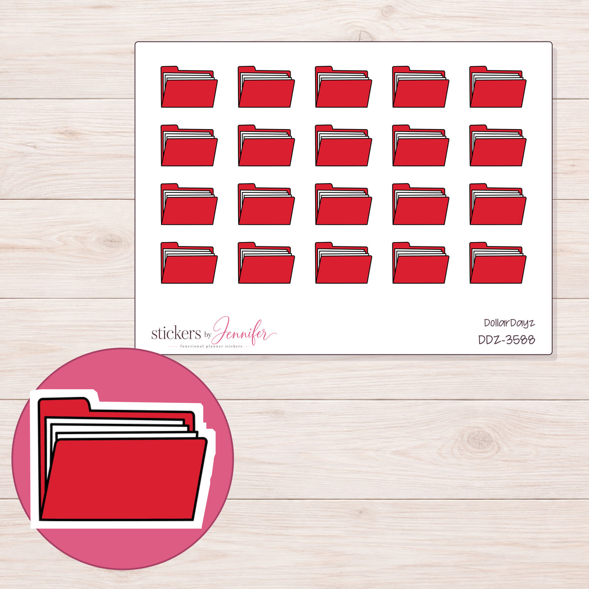 Red File Folder Planner Stickers | DDZ-3588 — 4 × 3 inch sheet and enlarged sticker detail