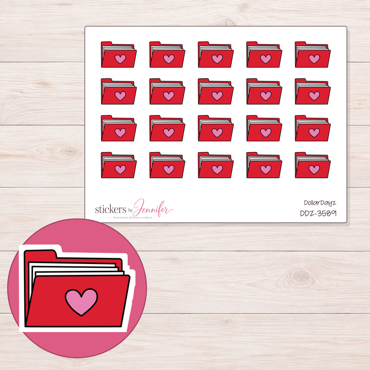 Red Heart File Folder Planner Stickers | DDZ-3589 — 4 × 3 inch sheet and enlarged sticker detail