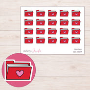 Red Heart File Folder Planner Stickers | DDZ-3589 — 4 × 3 inch sheet and enlarged sticker detail