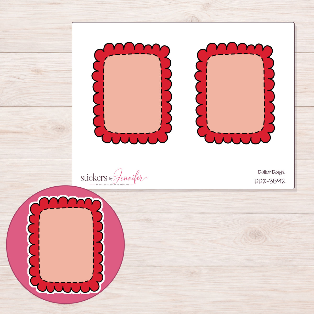 Red Scalloped Full Box Planner Stickers | DDZ-3592 — 4 × 3 inch sheet and enlarged sticker detail