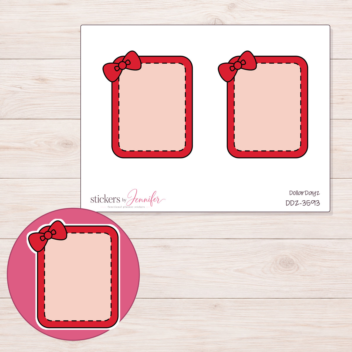 Red Bow Full Box Planner Stickers | DDZ-3593 — 4 × 3 inch sheet and enlarged sticker detail