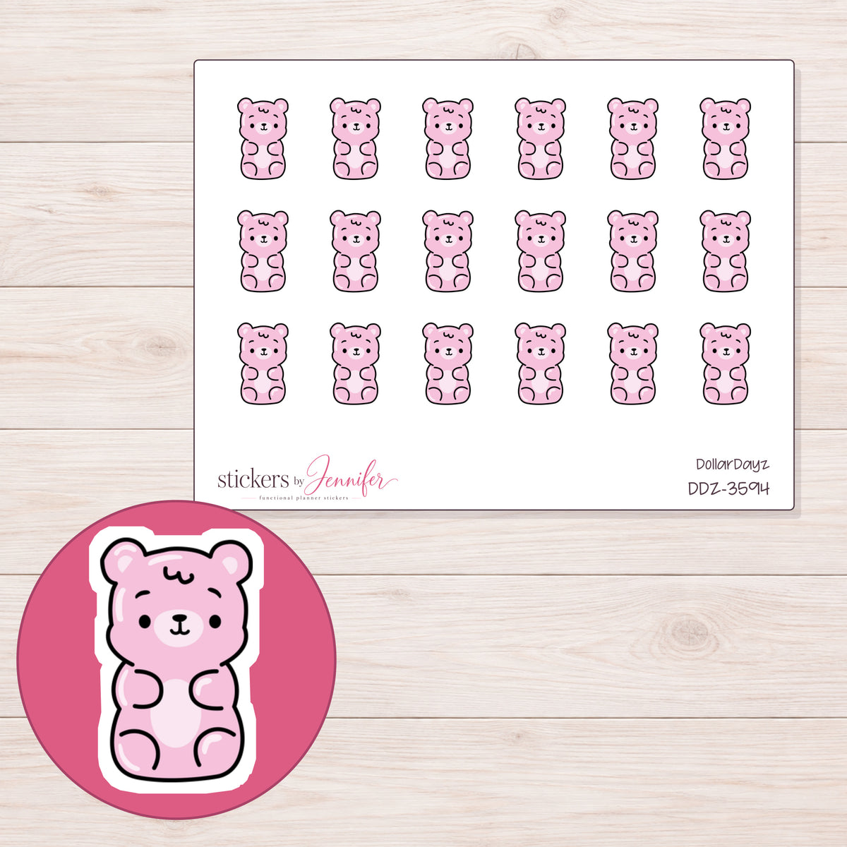Pastel Pink Gummy Bear Planner Stickers | DDZ-3594 — 4 × 3 inch sheet and enlarged sticker detail