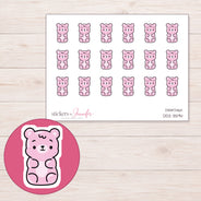 Pastel Pink Gummy Bear Planner Stickers | DDZ-3594 — 4 × 3 inch sheet and enlarged sticker detail