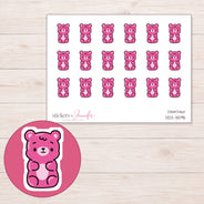 Bright Pink Gummy Bear Planner Stickers | DDZ-3595 — 4 × 3 inch sheet and enlarged sticker detail
