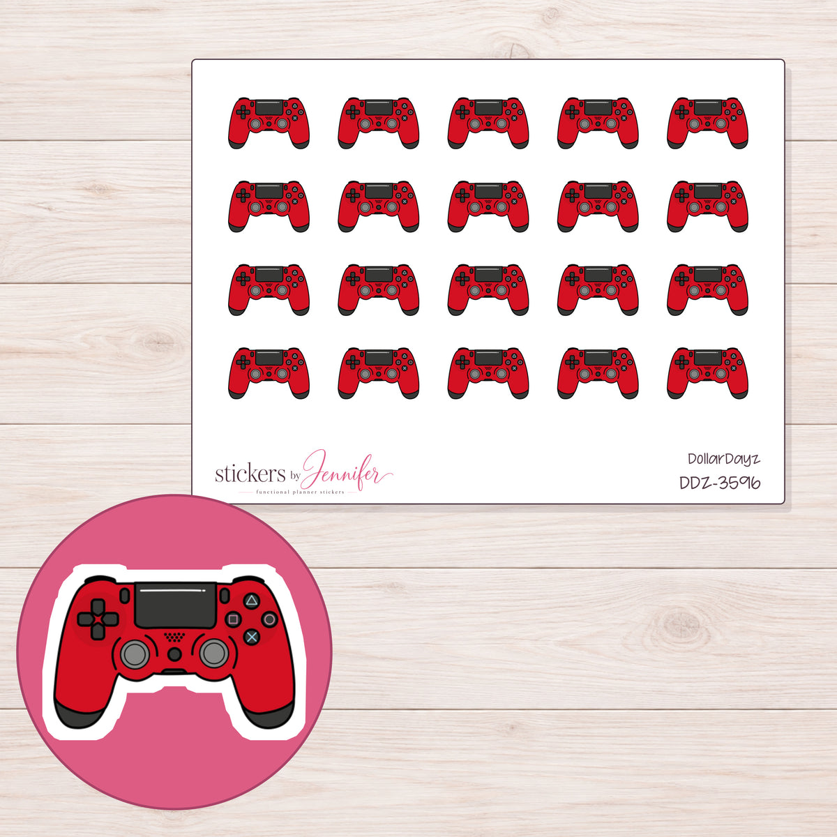 Red Game Controller Planner Stickers | DDZ-3596 — 4 × 3 inch sheet and enlarged sticker detail