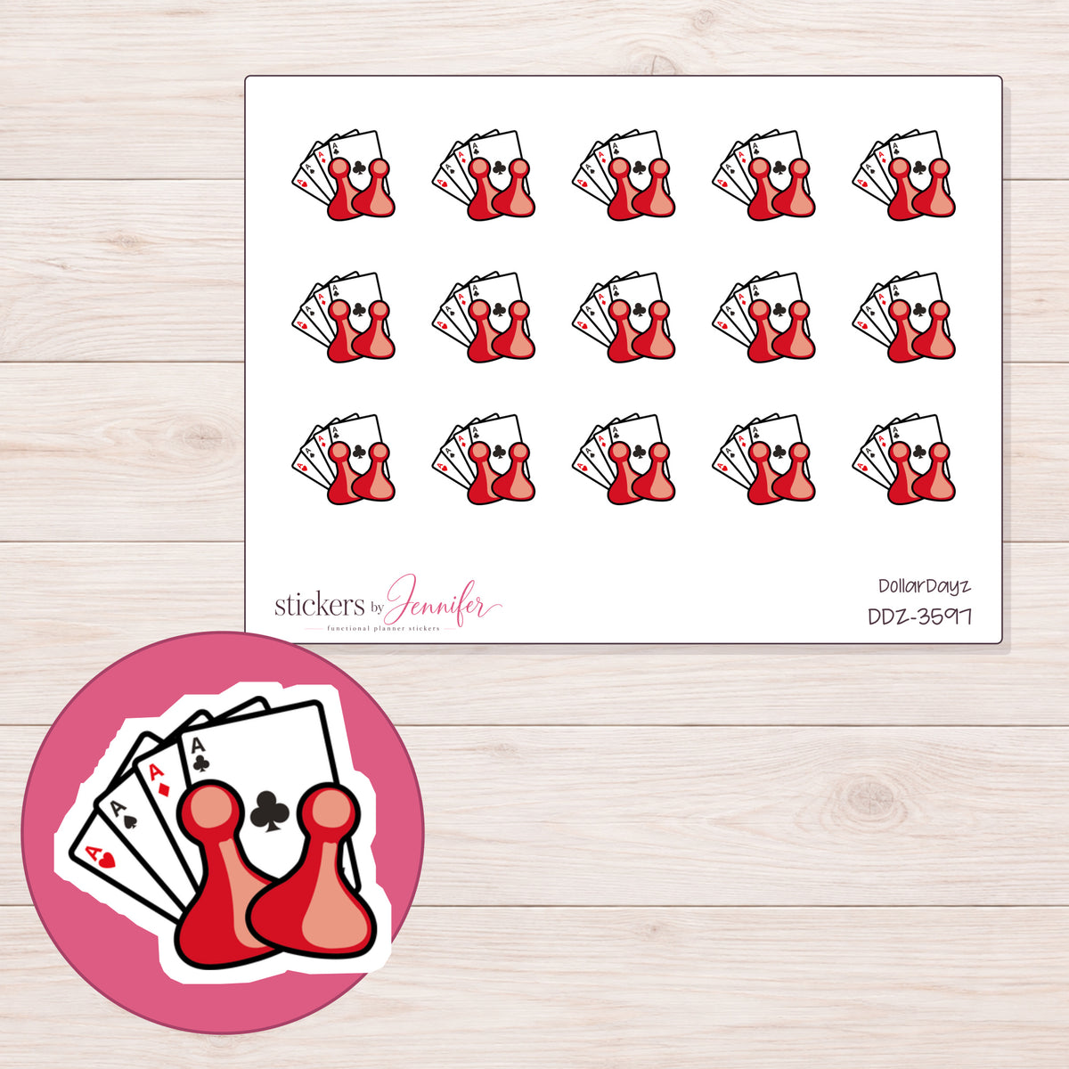 Cards and Pawns Game Night Planner Stickers | DDZ-3597 — 4 × 3 inch sheet and enlarged sticker detail