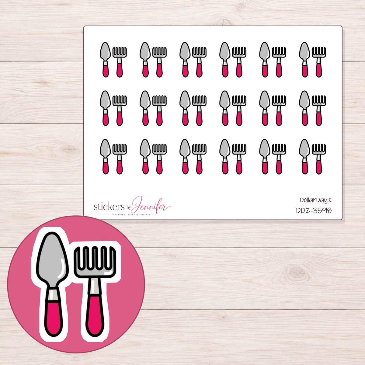 Pink Gardening Tools Planner Stickers | DDZ-3598 — 4 × 3 inch sheet and enlarged sticker detail