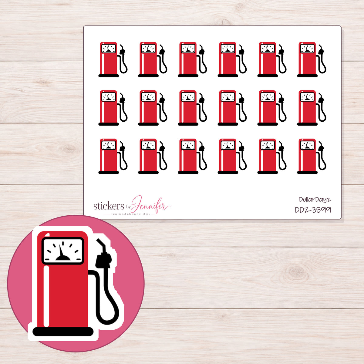 Red Gas Pump Planner Stickers | DDZ-3599 — 4 × 3 inch sheet and enlarged sticker detail