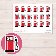 Red Gas Pump Planner Stickers | DDZ-3599 — 4 × 3 inch sheet and enlarged sticker detail