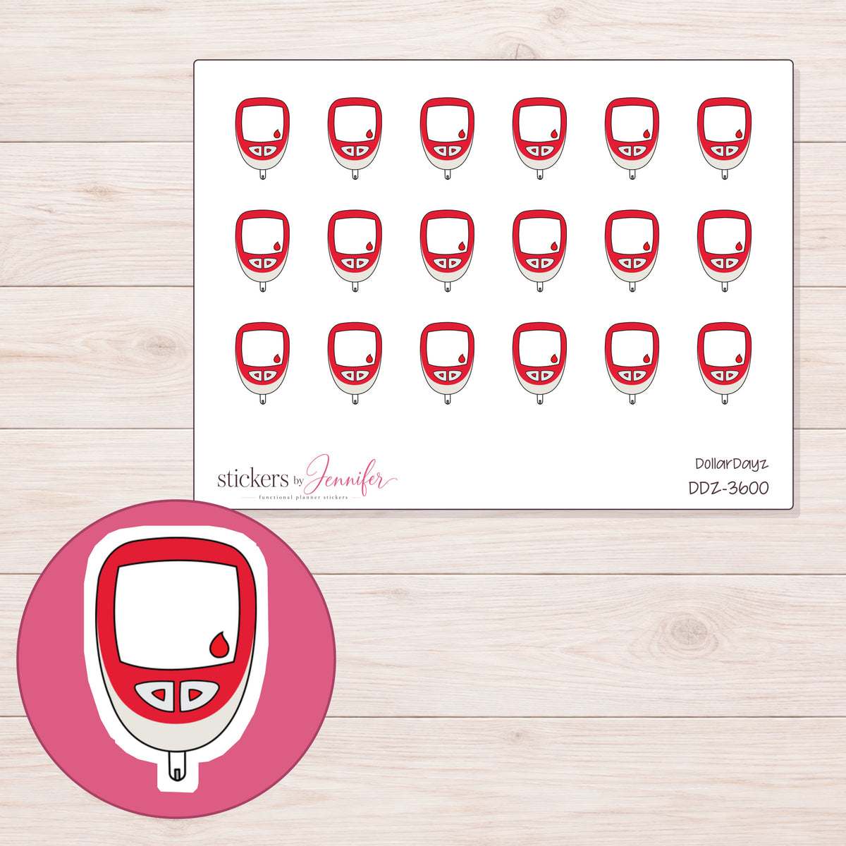 Red Glucose Meter Planner Stickers | DDZ-3600 — 4 × 3 inch sheet and enlarged sticker detail