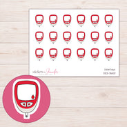 Red Glucose Meter Planner Stickers | DDZ-3600 — 4 × 3 inch sheet and enlarged sticker detail