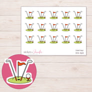 Golf Clubs and Putting Green Planner Stickers | DDZ-3601 — 4 × 3 inch sheet and enlarged sticker detail