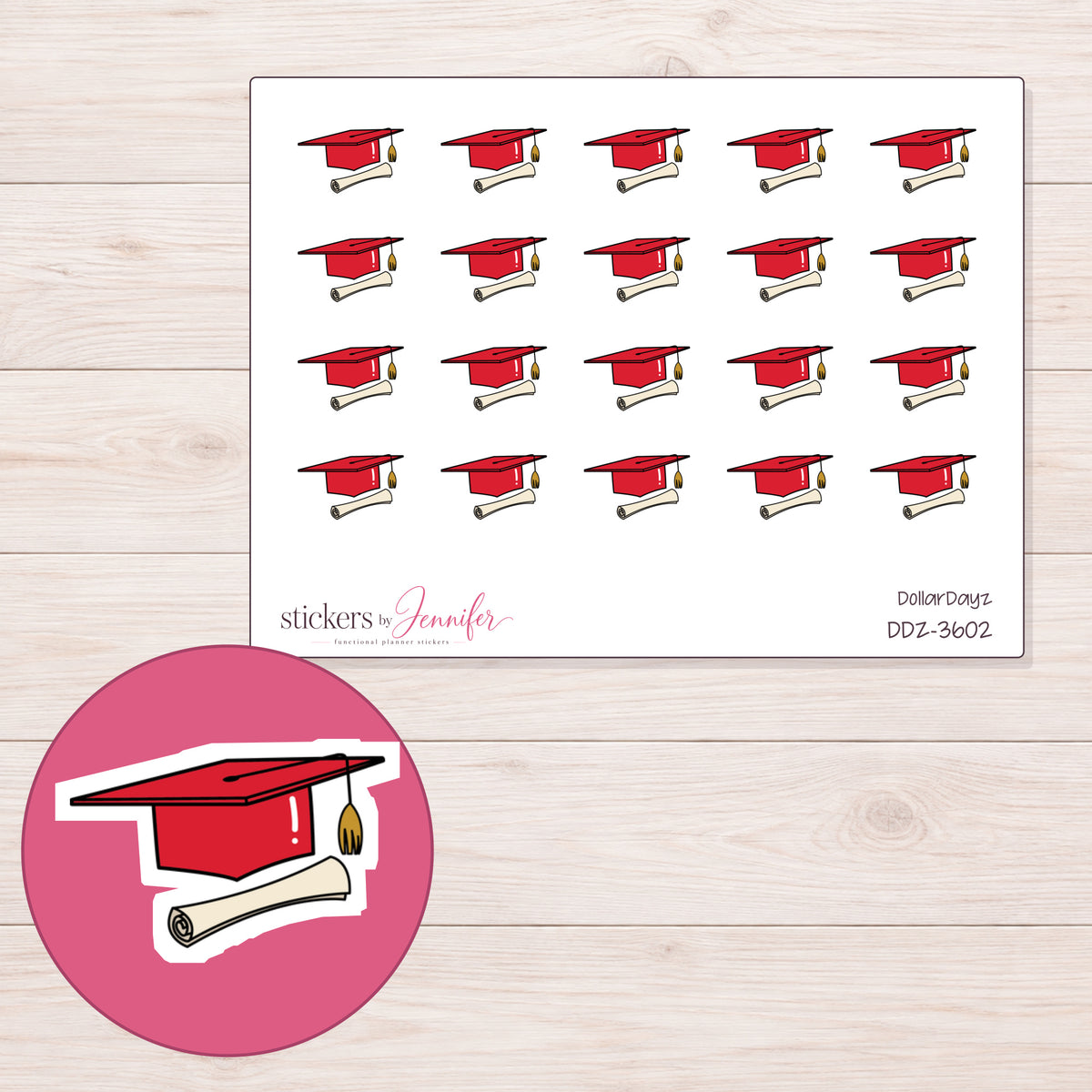 Red Graduation Cap and Diploma Planner Stickers | DDZ-3602 — 4 × 3 inch sheet and enlarged sticker detail