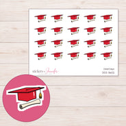 Red Graduation Cap and Diploma Planner Stickers | DDZ-3602 — 4 × 3 inch sheet and enlarged sticker detail