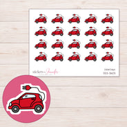 Red Electric Car Planner Stickers | DDZ-3603 — 4 × 3 inch sheet and enlarged sticker detail