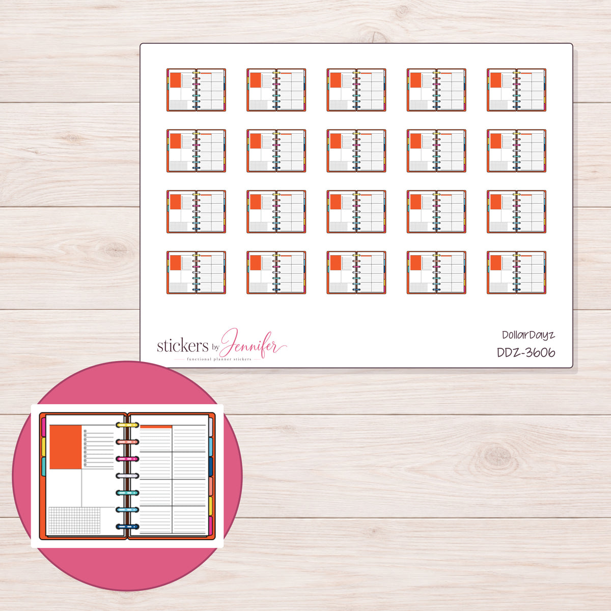 Open Disc-Bound Planner Planner Stickers | DDZ-3606 — 4 × 3 inch sheet and enlarged sticker detail