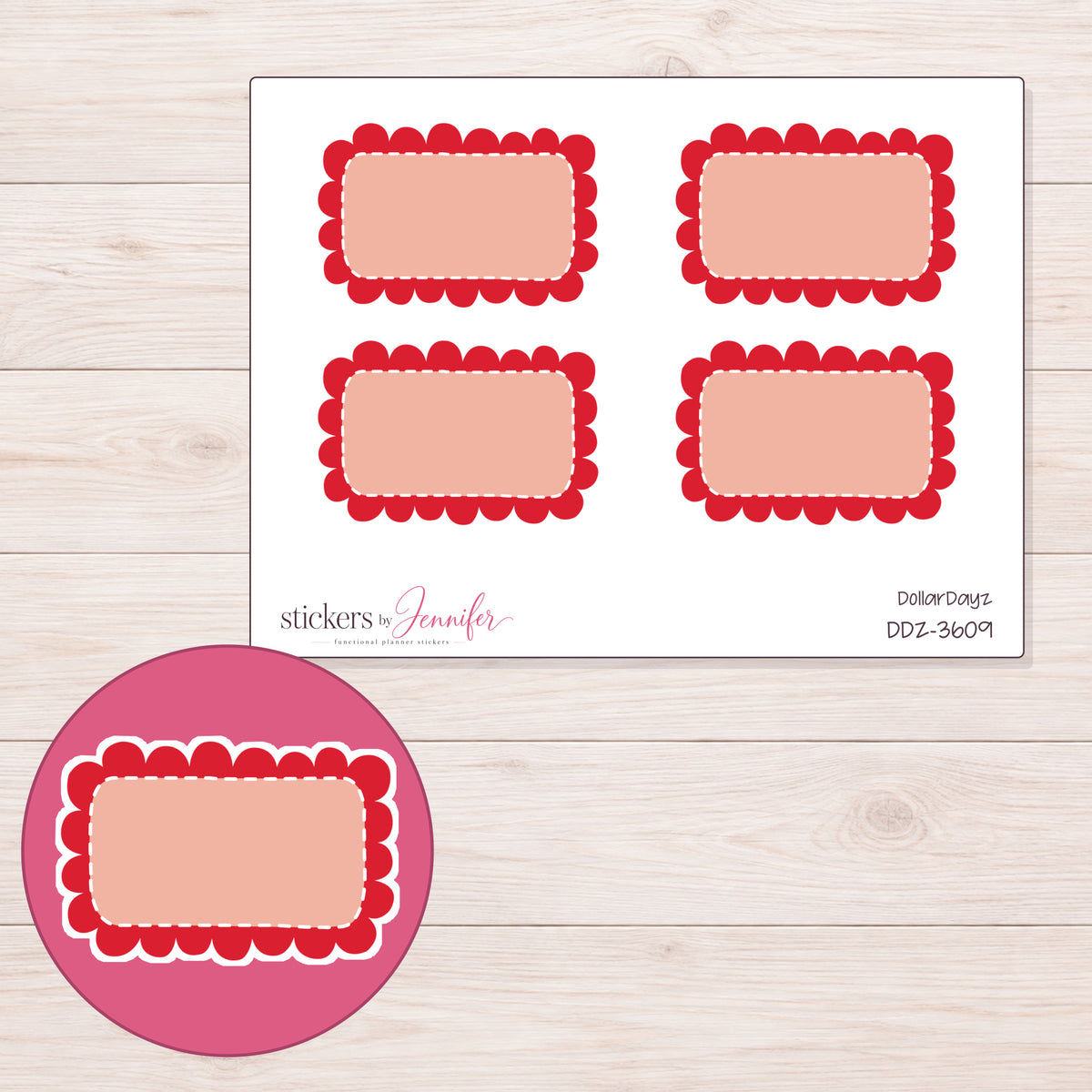 Red Scalloped Half Box Label Planner Stickers | DDZ-3609 — 4 × 3 inch sheet and enlarged sticker detail