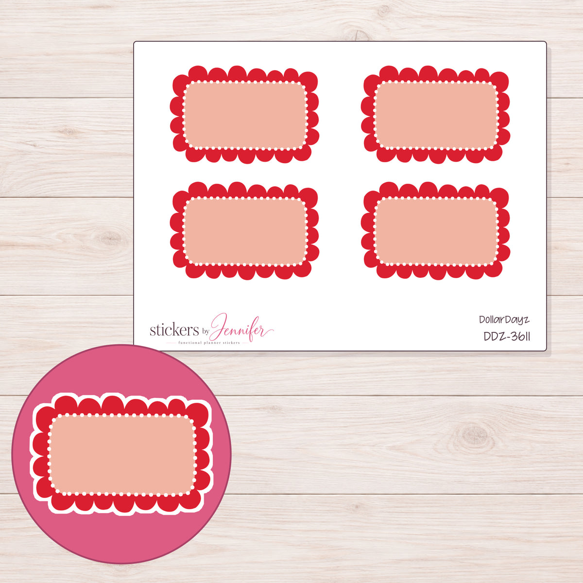 Red Scallop and Dot Half Box Planner Stickers | DDZ-3611 — 4 × 3 inch sheet and enlarged sticker detail
