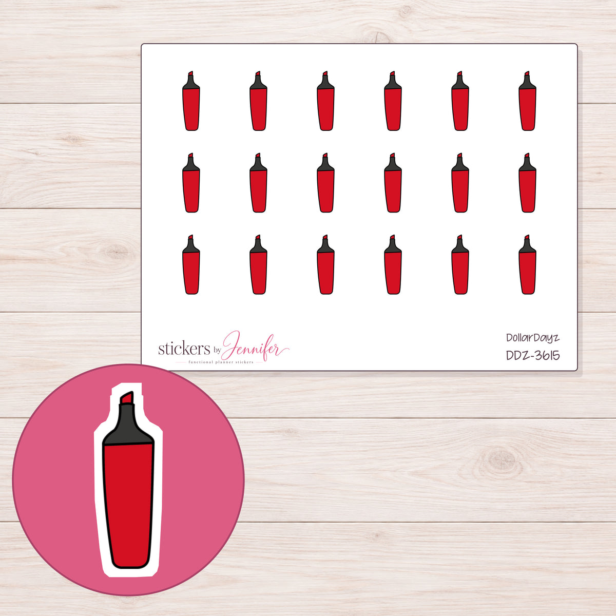 Red Highlighter Planner Stickers | DDZ-3615 — 4 × 3 inch sheet and enlarged sticker detail