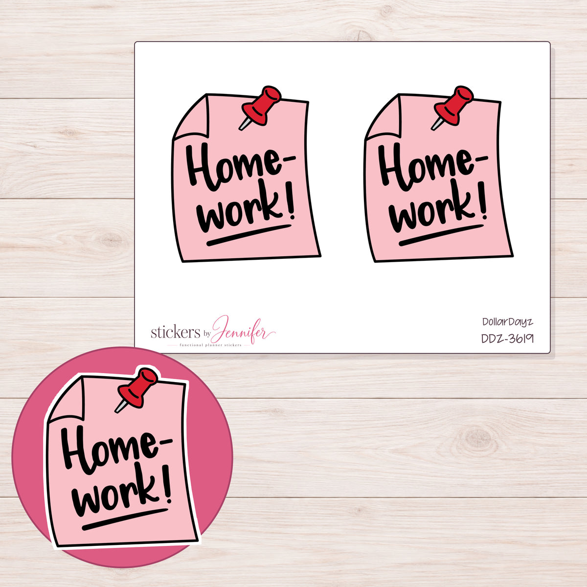 Pink Homework Reminder Note Planner Stickers | DDZ-3619 — 4 × 3 inch sheet and enlarged sticker detail