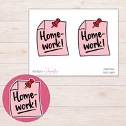 Pink Homework Reminder Note Planner Stickers | DDZ-3619 — 4 × 3 inch sheet and enlarged sticker detail