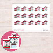 Red Hospital Building Planner Stickers | DDZ-3620 — 4 × 3 inch sheet and enlarged sticker detail